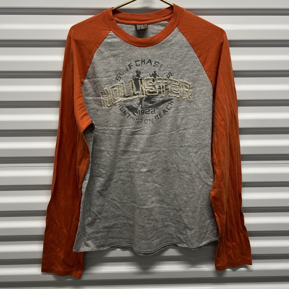 Hollister Mens Raglan Shirt Large Cotton Blend Gray Orange Surf Graphic Baseball